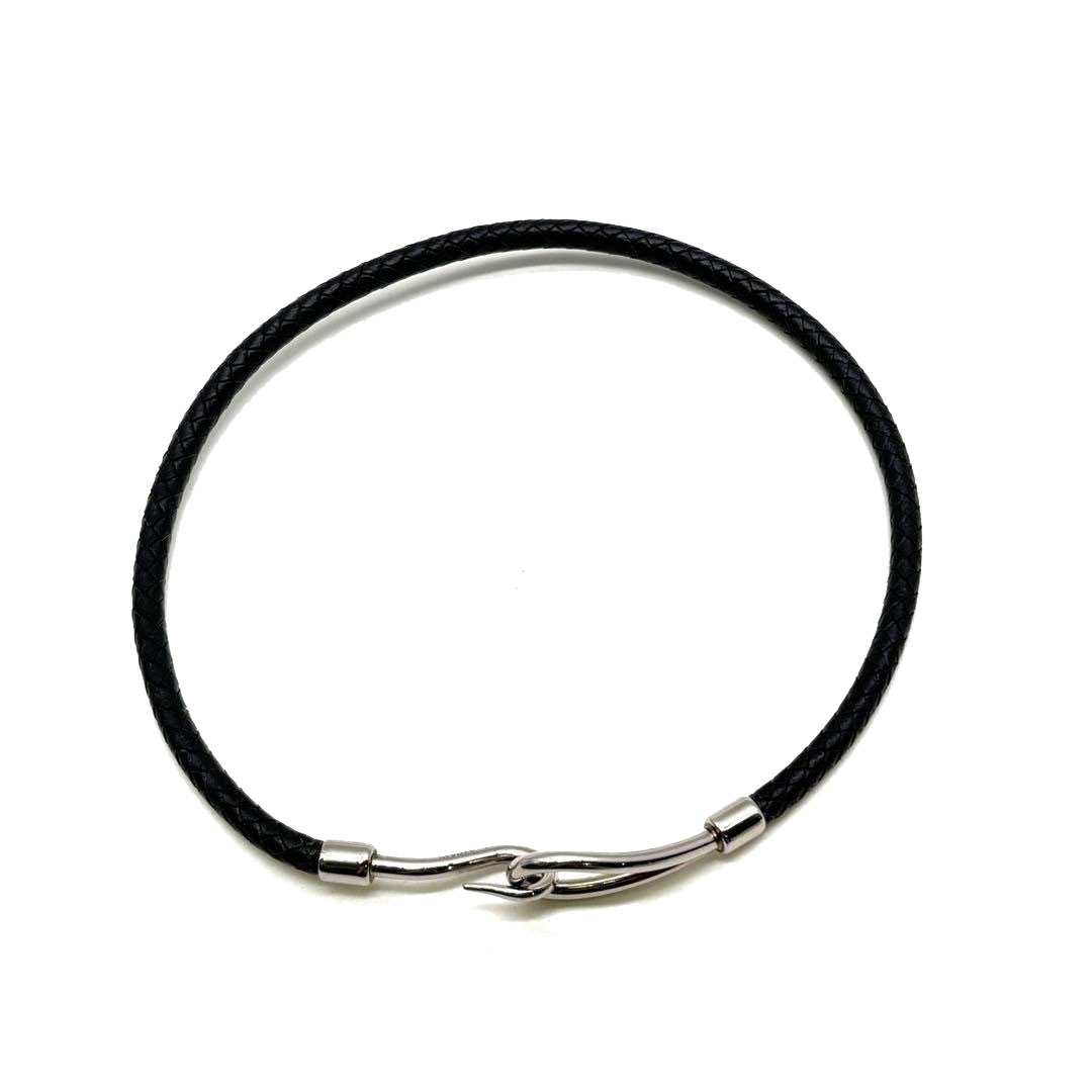 HERMES エルメス レザーブレスレット チョーカー ジャンボ 二重巻き 編み込みレザー ブラック/シルバー金具