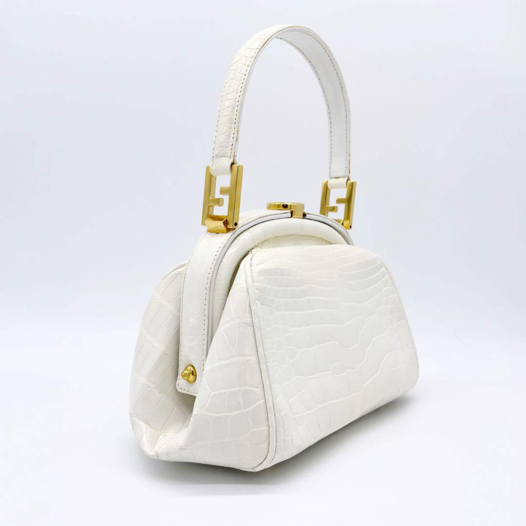 FENDI フェンディ ハンドバッグ クロコダイル ホワイト ゴールド ヴィンテージ