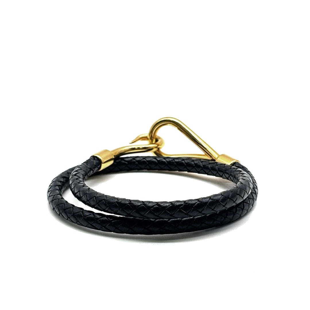 HERMES ジャンボ ロング 2連ブレスレット 編み込み ブラック ゴールド HERMES エルメス レザーブレスレット ジャンボ 二重巻き 編み込み