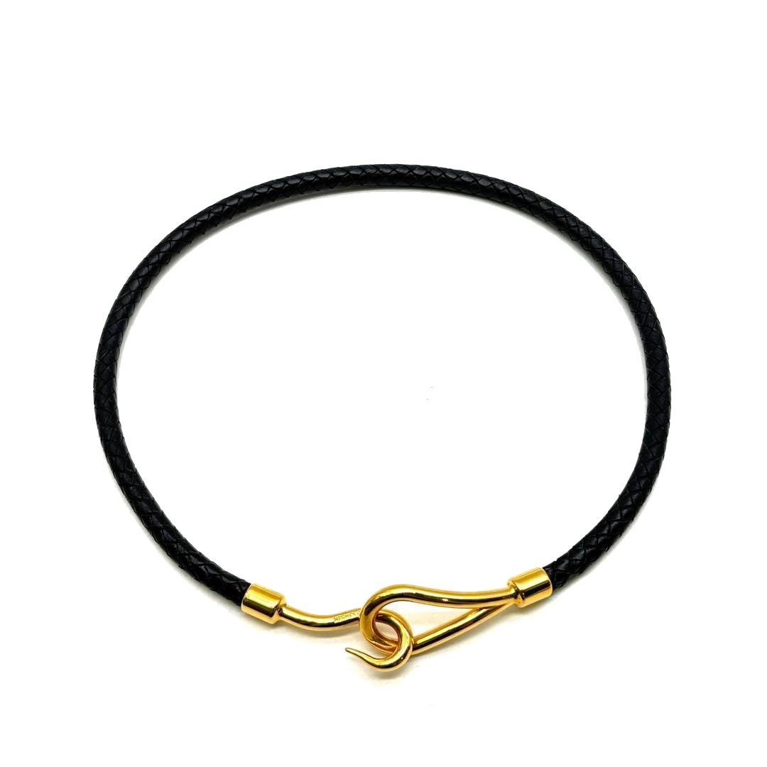 HERMES エルメス レザーブレスレット チョーカー ジャンボ 二重巻き 編み込みレザー ブラック/ゴールド金具