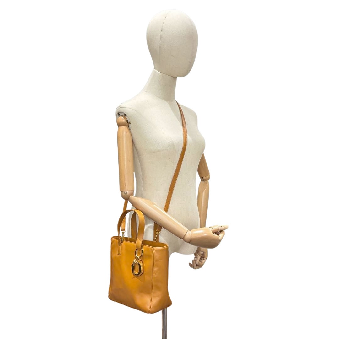 Christian Dior クリスチャンディオール 2WAYハンドバッグ カナージュ レザー キャメル ゴールド金具