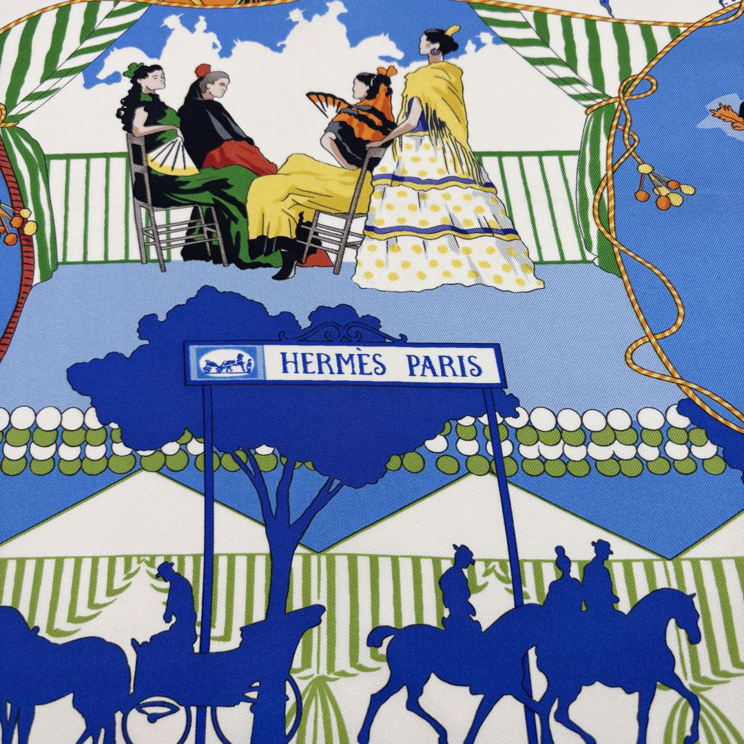 HERMES エルメス スカーフ カレ90 『feria de sevilla(セビリアの休日)』 シルク ブルー系