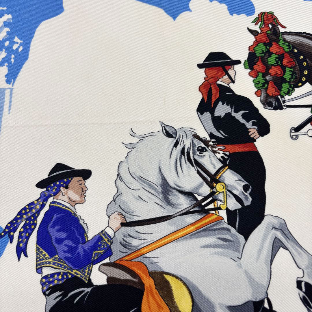 HERMES エルメス スカーフ カレ90 『feria de sevilla(セビリアの休日)』 シルク ブルー系