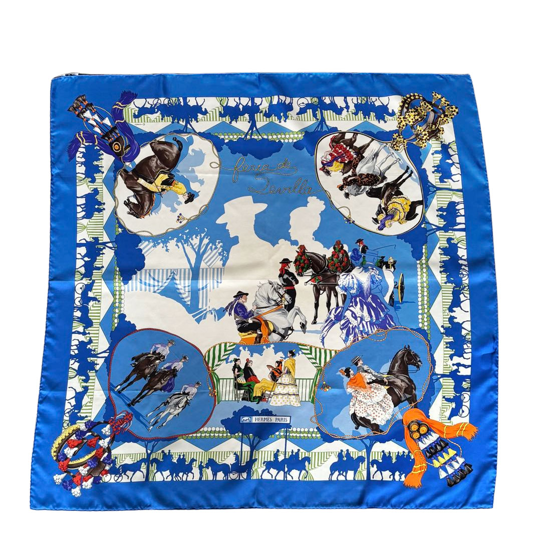 HERMES エルメス スカーフ カレ90 『feria de sevilla(セビリアの休日)』 シルク ブルー系