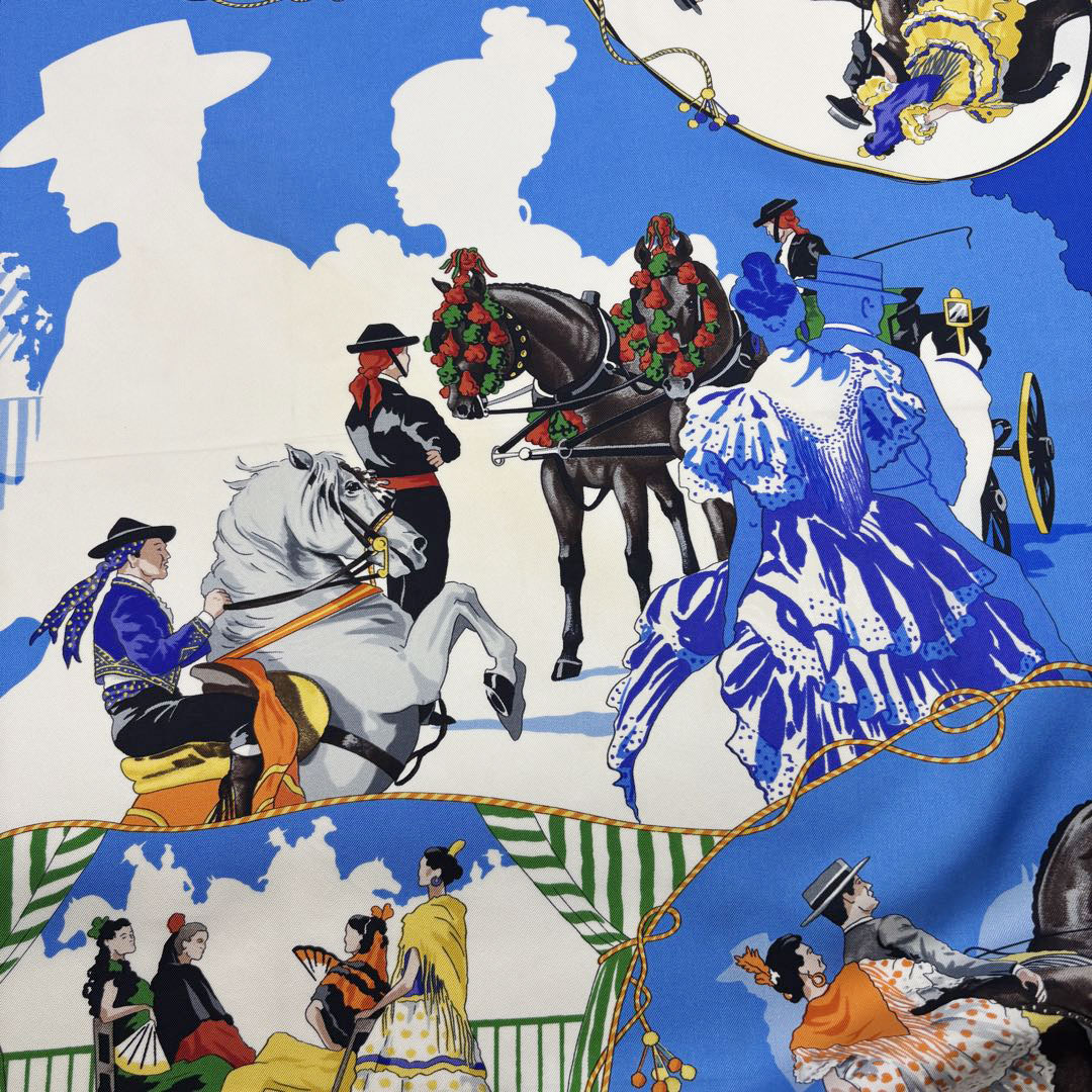 HERMES エルメス スカーフ カレ90 『feria de sevilla(セビリアの休日)』 シルク ブルー系