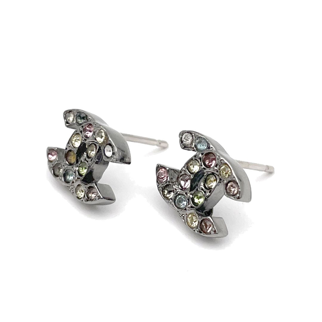 CHANEL シャネル ピアス ココマーク ラインストーン ガンメタ マルチ