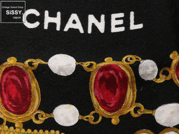 CHANEL シャネル スカーフ シルク100% ブラック系マルチカラー