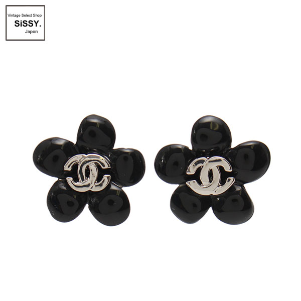 ■シャネル■ ピアス フラワーモチーフ ブラック シルバー 05 P 【CHANEL】