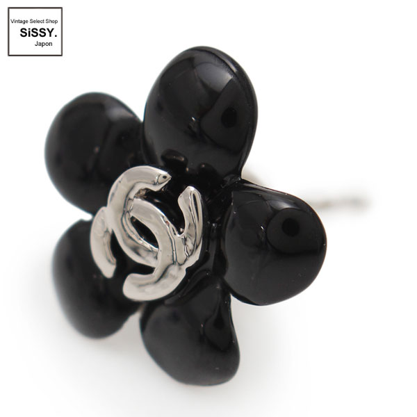 ■シャネル■ ピアス フラワーモチーフ ブラック シルバー 05 P 【CHANEL】