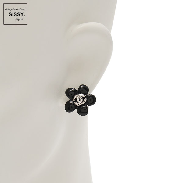 ■シャネル■ ピアス フラワーモチーフ ブラック シルバー 05 P 【CHANEL】