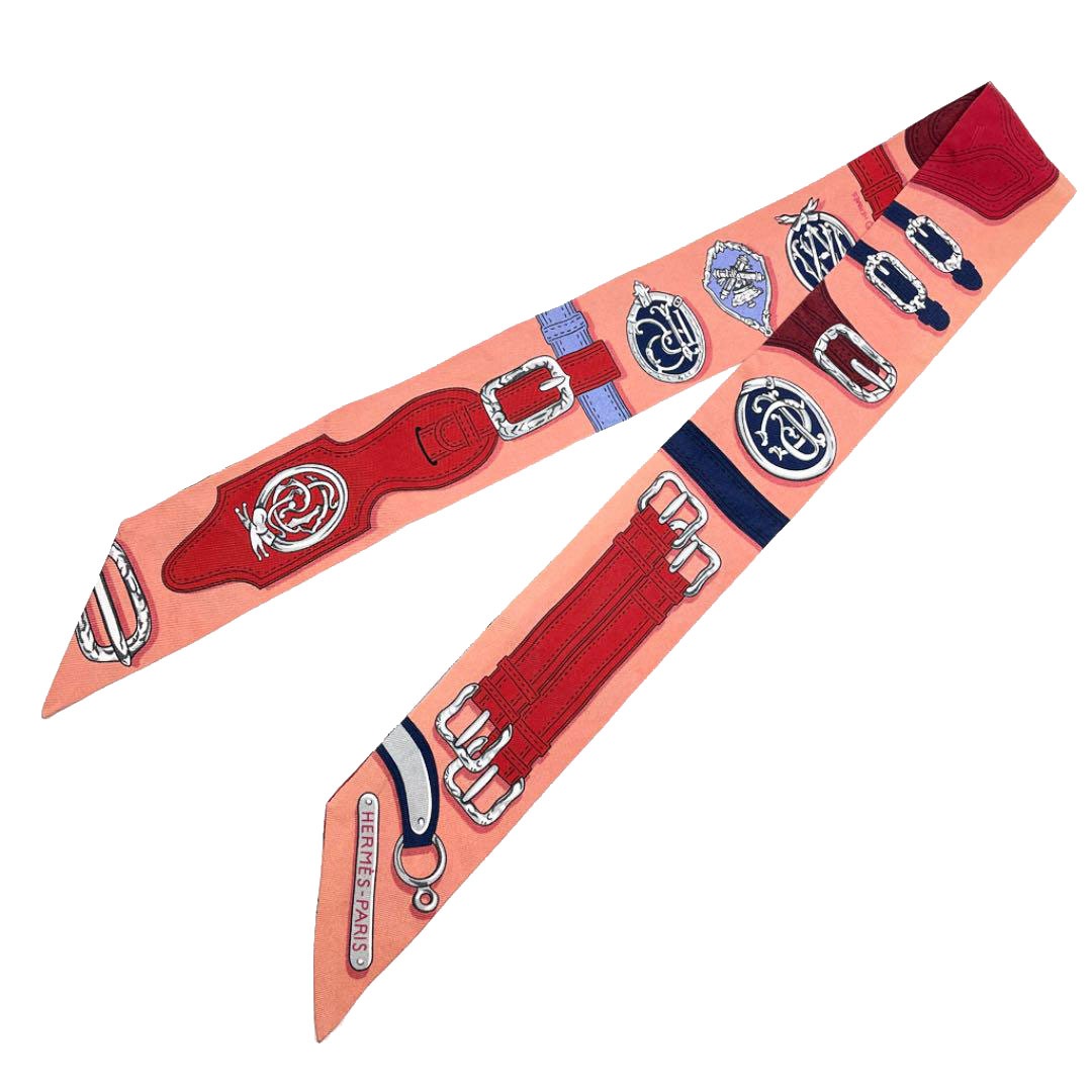 エルメス　サーモンピンク　ツイリー　ベルト柄 HERMES エルメス スカーフ ツイリー ベルト柄 シルク サーモンピンク