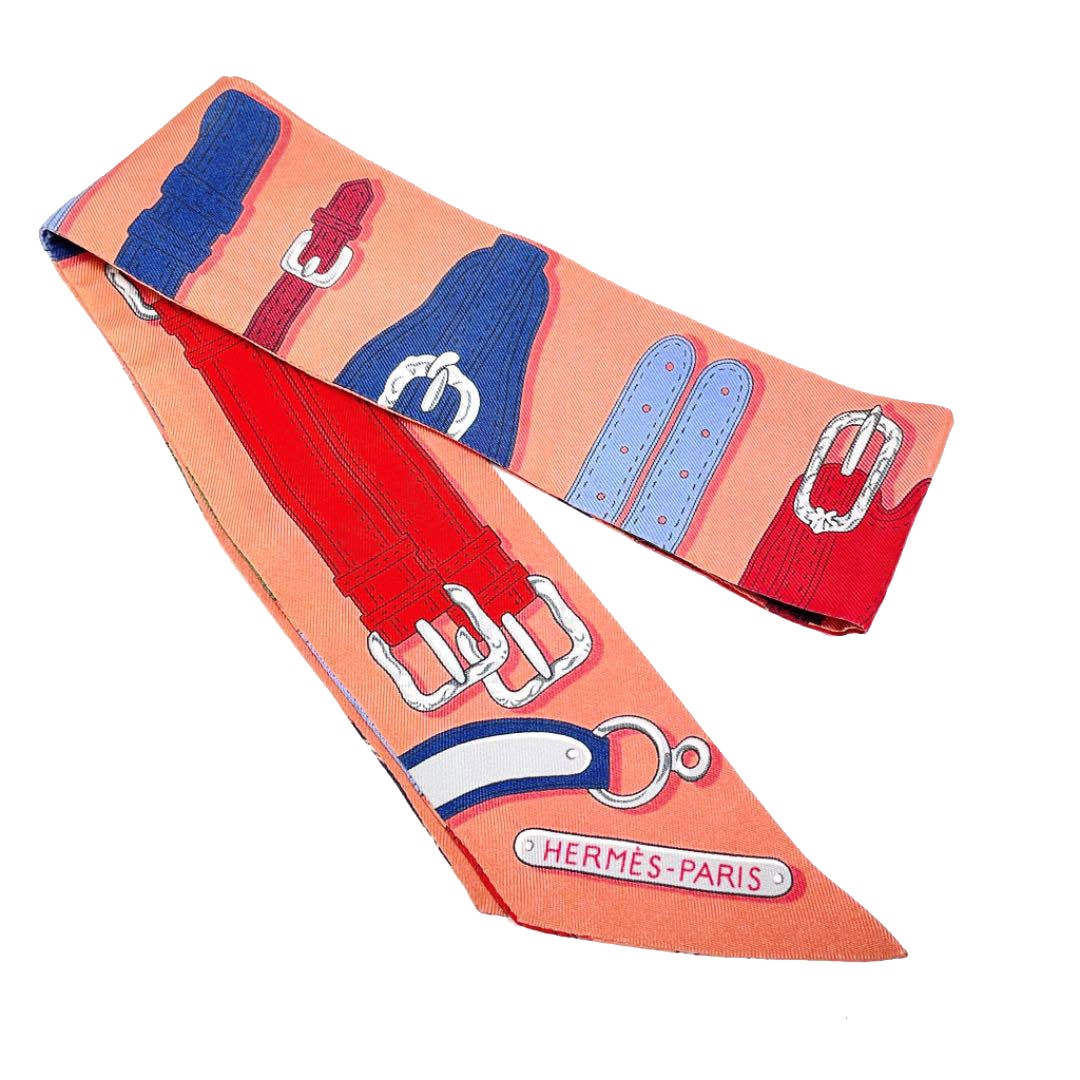 エルメス　サーモンピンク　ツイリー　ベルト柄 HERMES エルメス スカーフ ツイリー ベルト柄 シルク サーモン