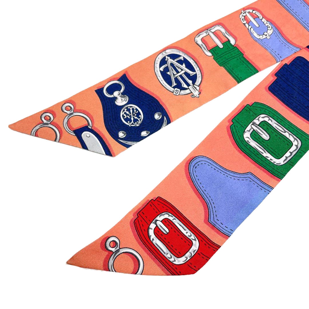 エルメス　サーモンピンク　ツイリー　ベルト柄 HERMES エルメス スカーフ ツイリー ベルト柄 シルク サーモン