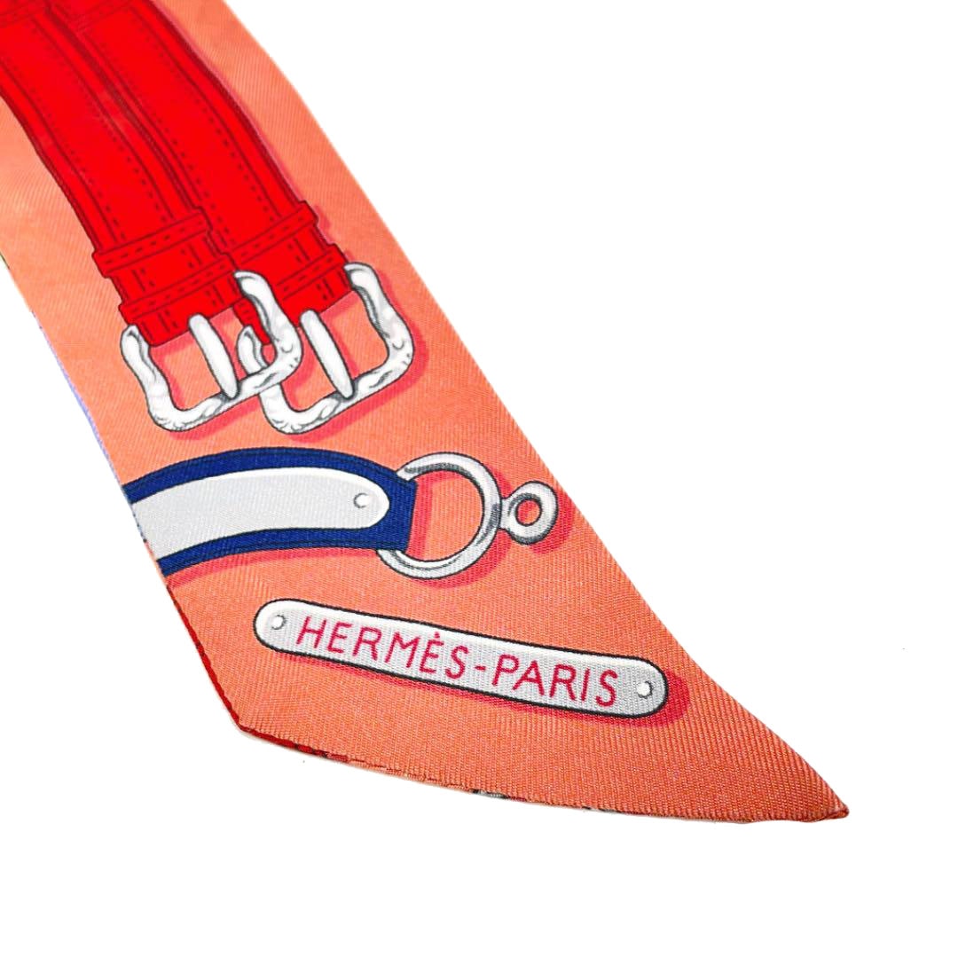 HERMES エルメス スカーフ ツイリー ベルト柄 シルク サーモン