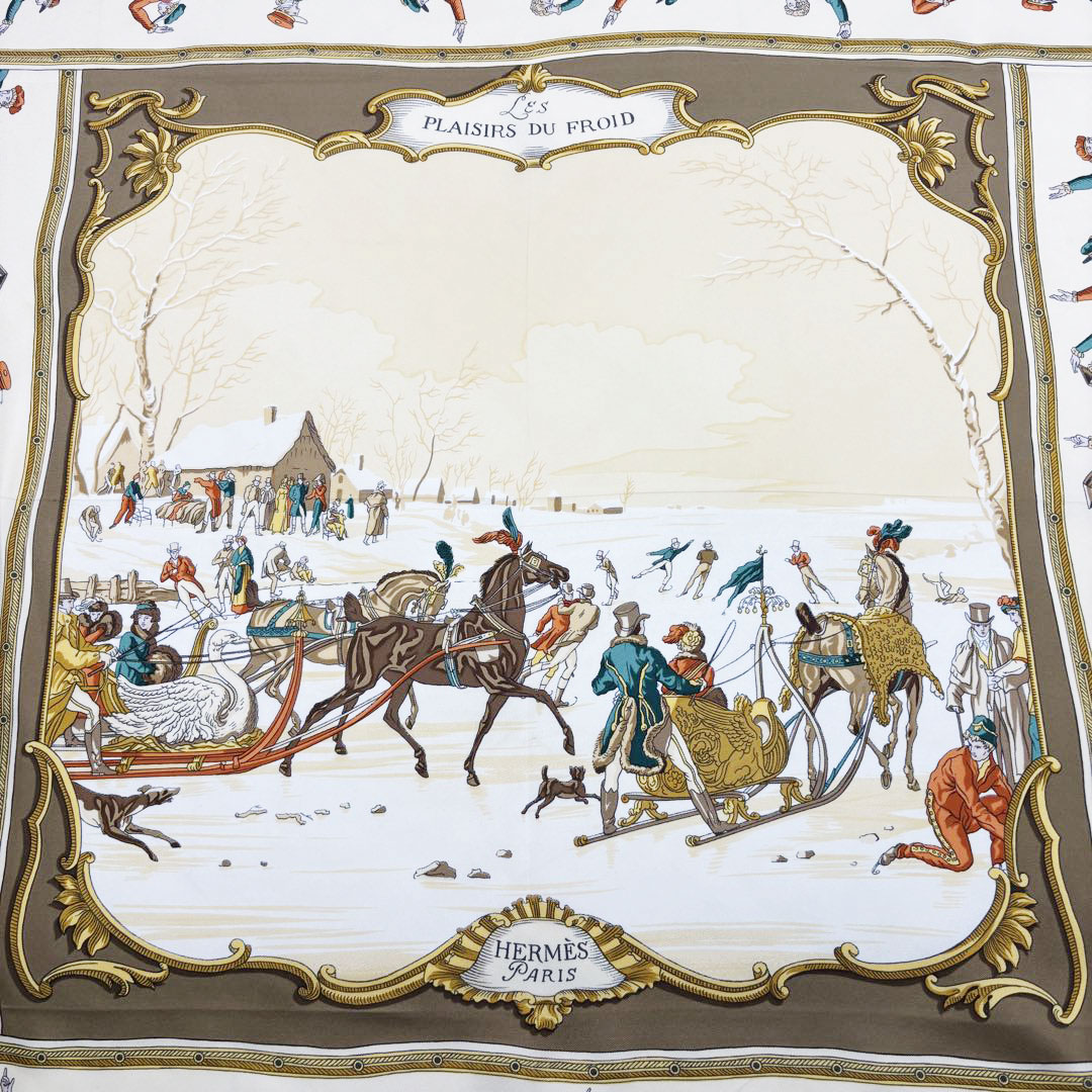 HERMES エルメス スカーフ カレ90 『LES PLAISIRS DU FROID(氷上の喜び)』 シルク ベージュ系