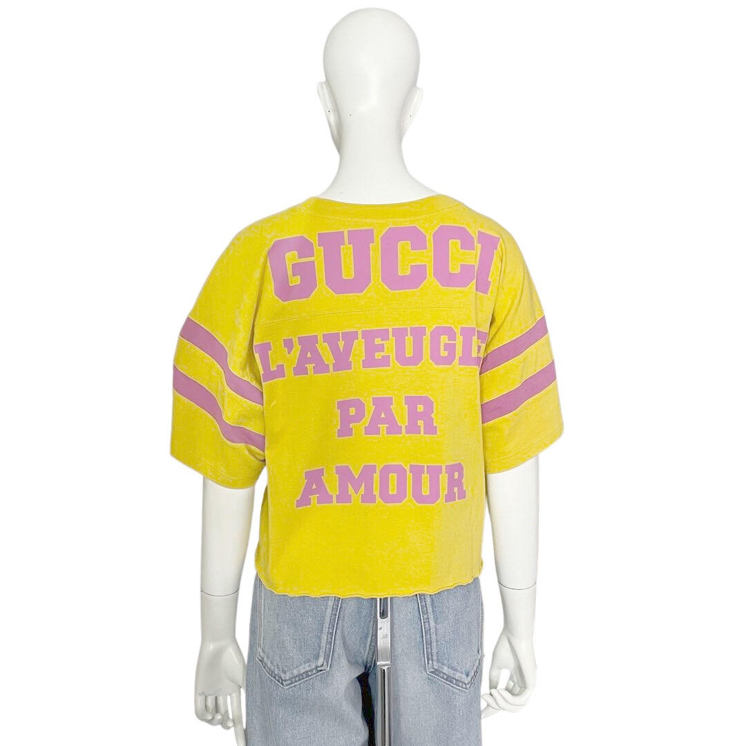 GUCCI グッチ コットンジャージ クロップドTシャツ 1921 『l'aveugle par amour』 XS イエロー/ピンク 660868_XJDKG7256