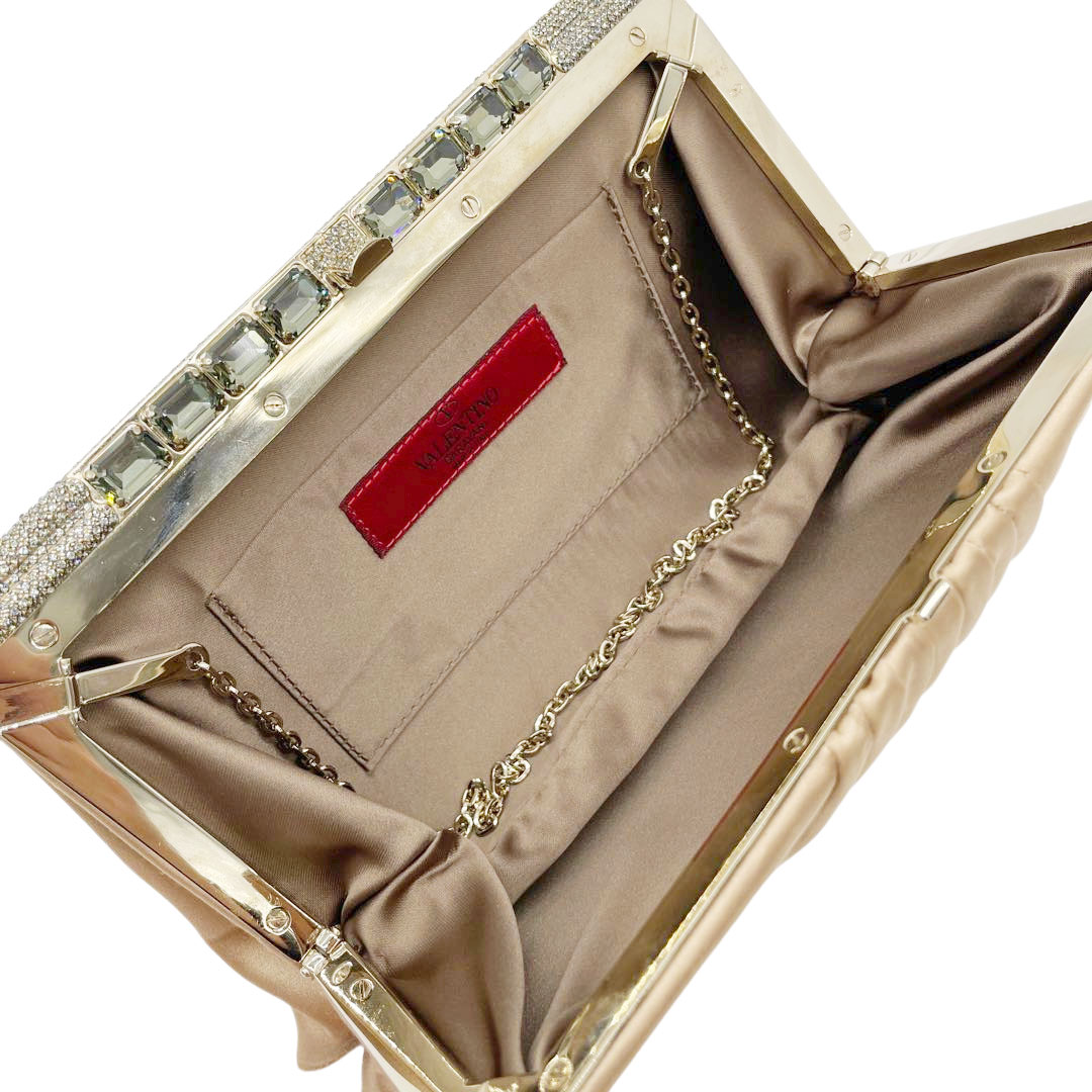 VALENTINO GARAVANI ヴァレンティノ ガラヴァーニ パーティーバッグ クラッチバッグ サテン ラインストーン サンド(ゴールド系) ゴールド金具