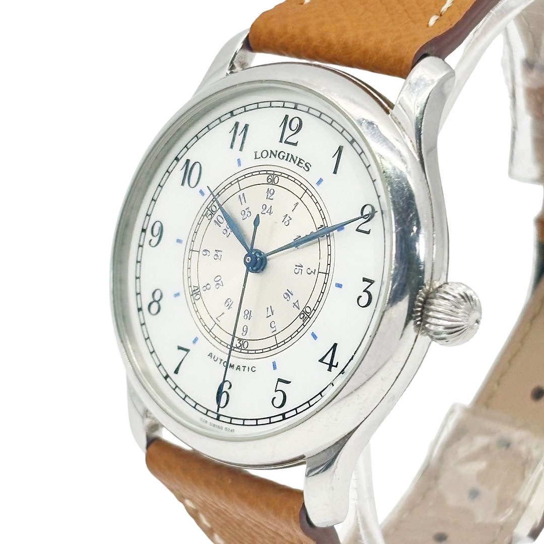 LONGINES ロンジン ウィームスナビゲーション メンズ腕時計 AT SS/革ベルト シルバー/ブラウン 628.5241 ※新品社外ベルト