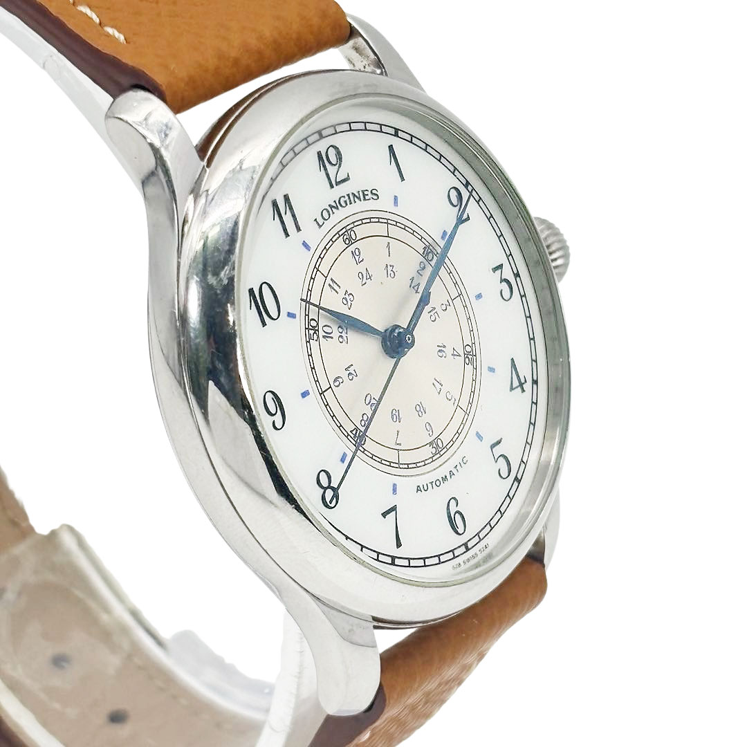 LONGINES ロンジン ウィームスナビゲーション メンズ腕時計 AT SS/革ベルト シルバー/ブラウン 628.5241 ※新品社外ベルト