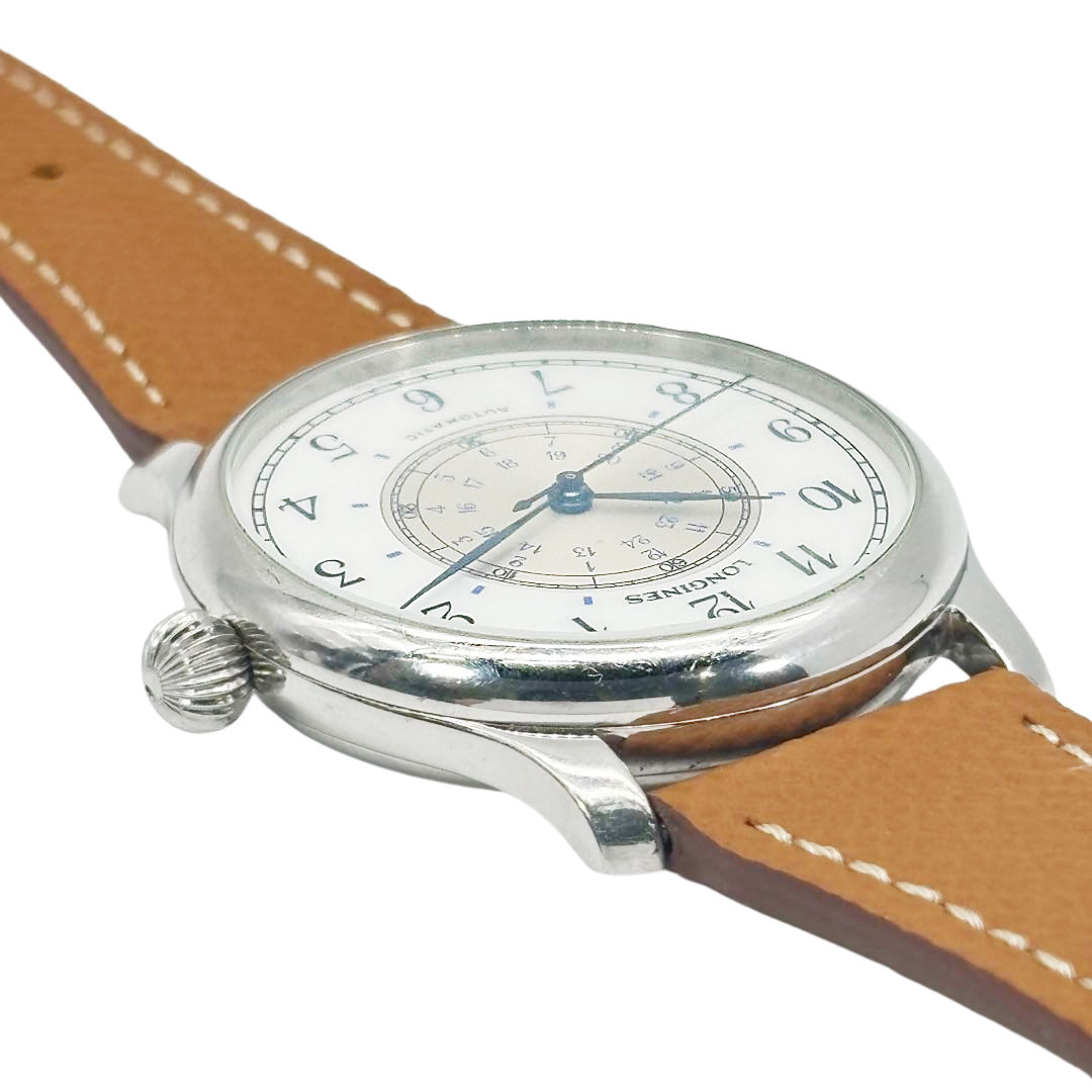 LONGINES ロンジン ウィームスナビゲーション メンズ腕時計 AT SS/革ベルト シルバー/ブラウン 628.5241 ※新品社外ベルト