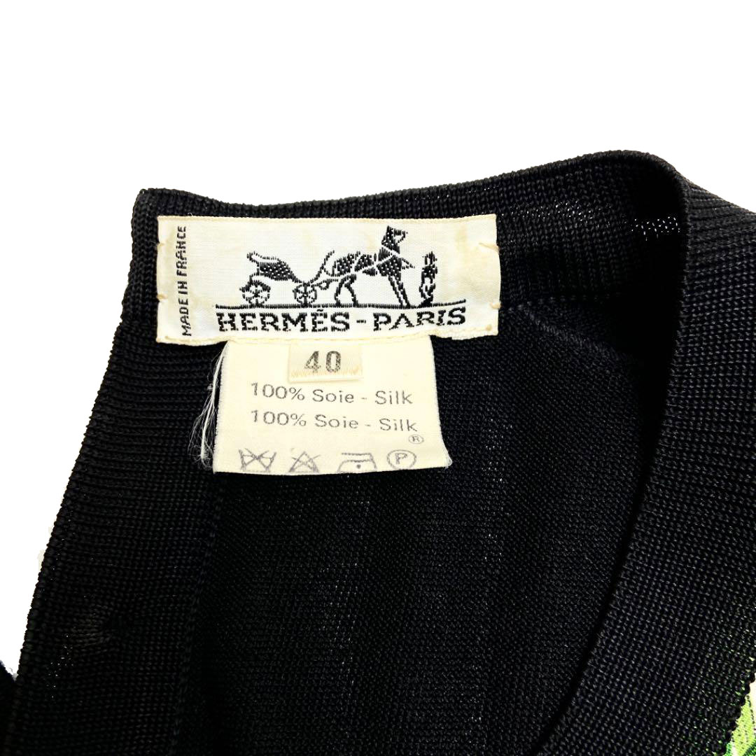 HERMES エルメス 長袖切替ニットトップス セリエボタン シルク100% ブラック 40