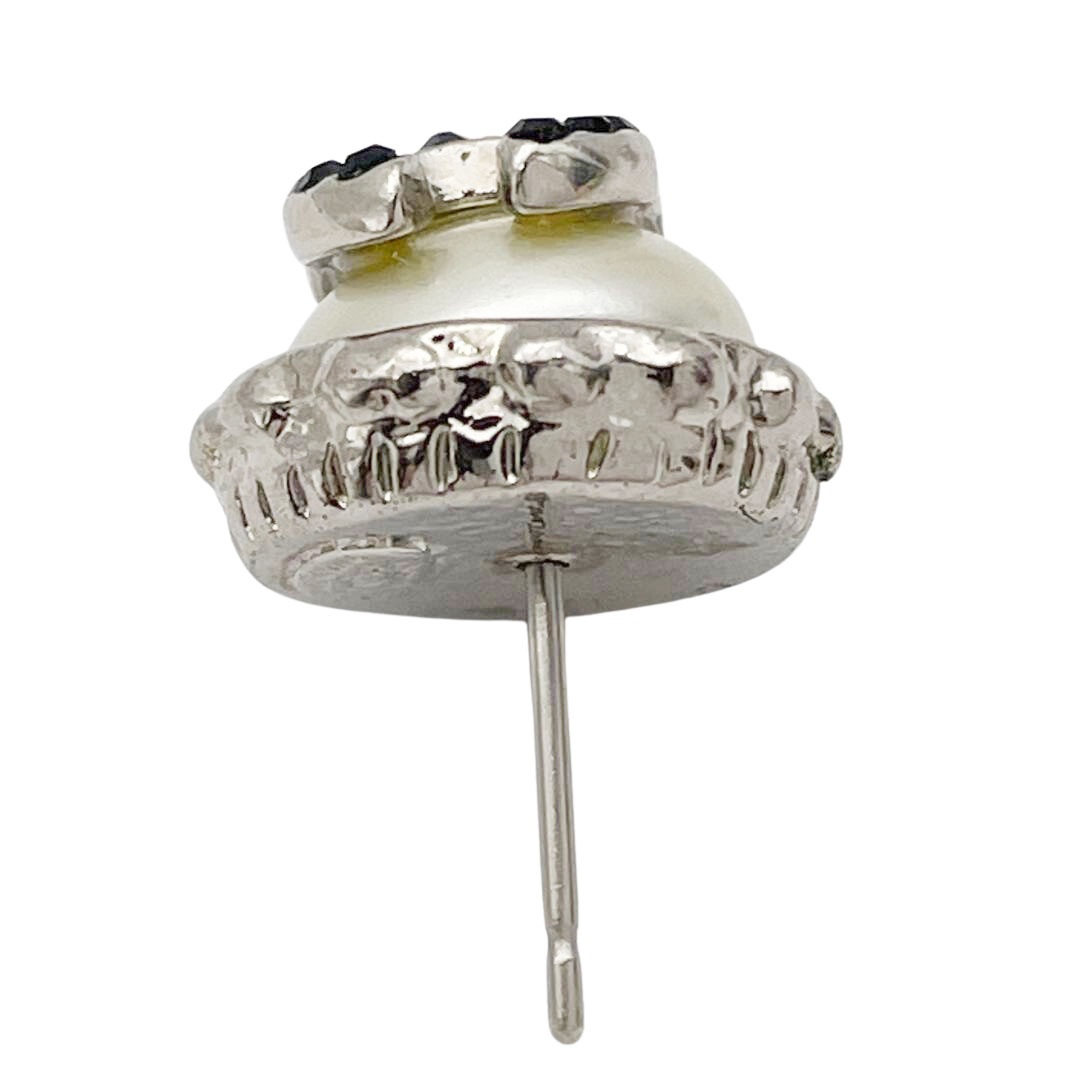 CHANEL シャネル ラウンドピアス ココマーク フェイクパール ブラックラインストーン シルバー 02C