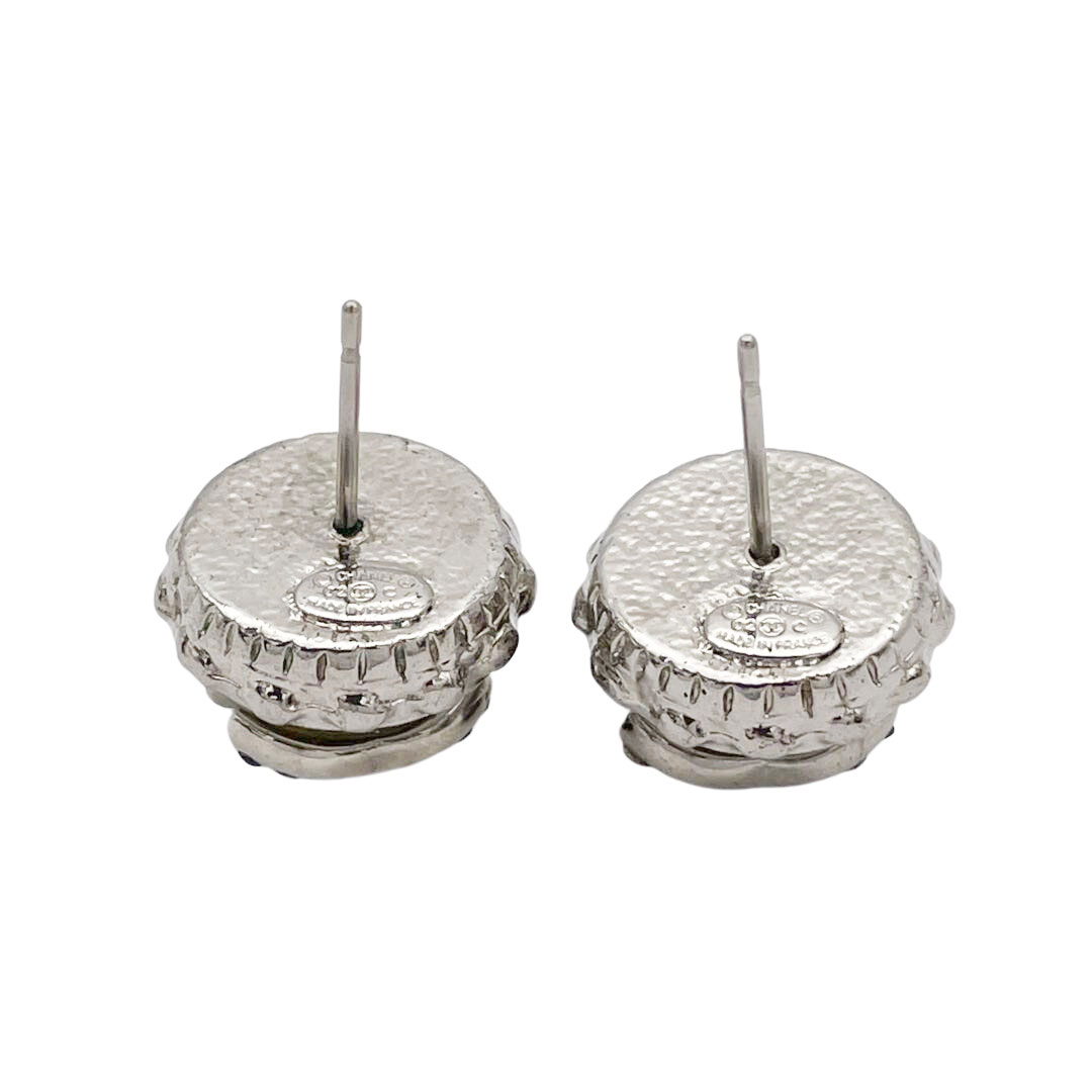 CHANEL シャネル ラウンドピアス ココマーク フェイクパール ブラックラインストーン シルバー 02C