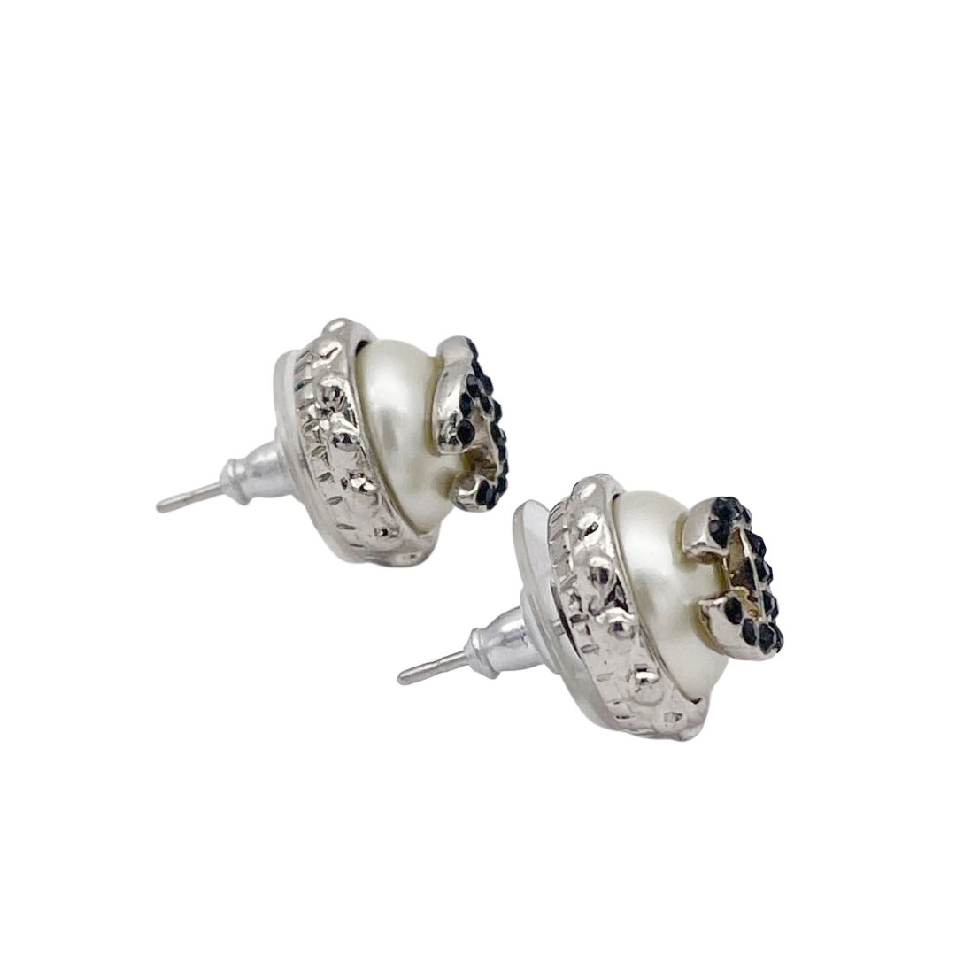 CHANEL シャネル ラウンドピアス ココマーク フェイクパール ブラックラインストーン シルバー 02C