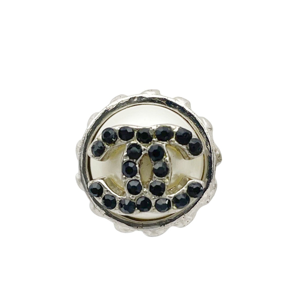 CHANEL シャネル ラウンドピアス ココマーク フェイクパール ブラックラインストーン シルバー 02C