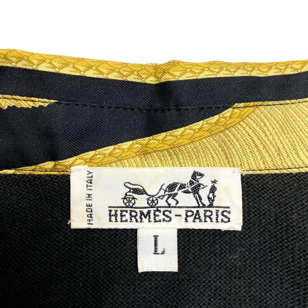 HERMES エルメス 切り替え 長袖ニットトップス シルク コットン カシミヤ ブラック ゴールド L