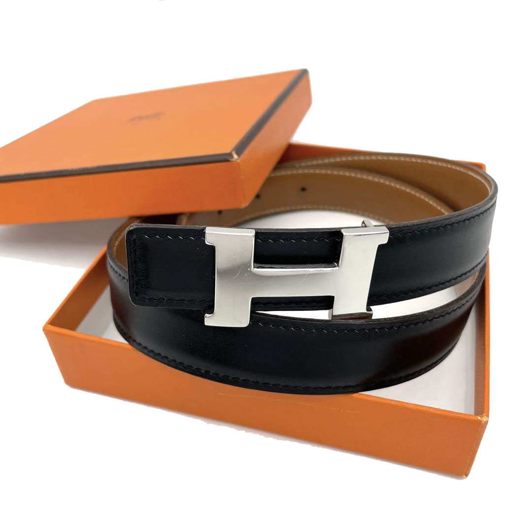 HERMES エルメス Hベルト ミニコンスタンス 72 ボックスカーフ ブラック ゴールド シルバー金具 □B刻印