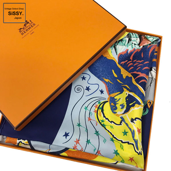 ■エルメス■ スカーフ カレ90「THE ALFEE AUBE」 シルク ネイビー オレンジ グレー マルチカラー 25周年限定 【HERMES】