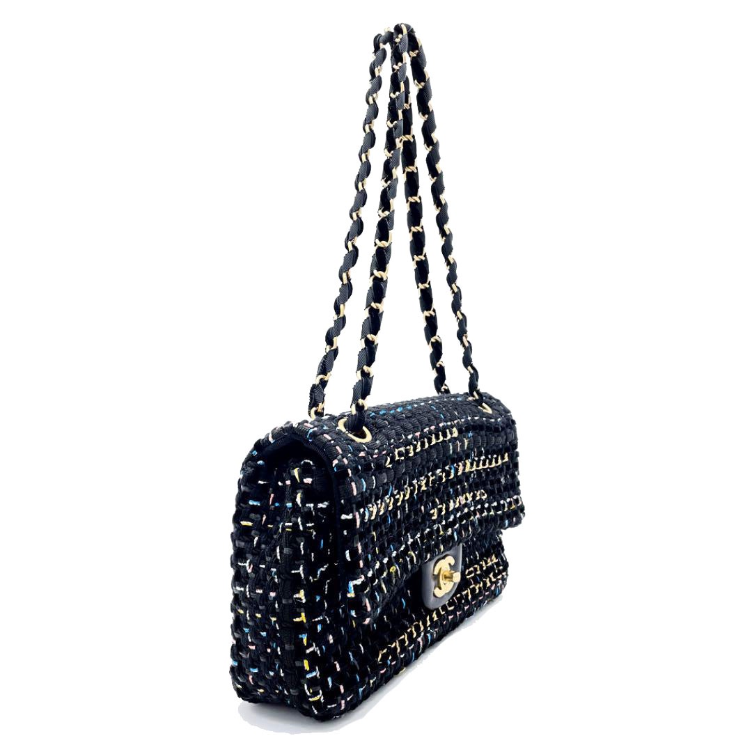 CHANEL シャネル ツイードチェーンショルダーバッグ 25 ブラック ヴィンテージゴールド 28番台