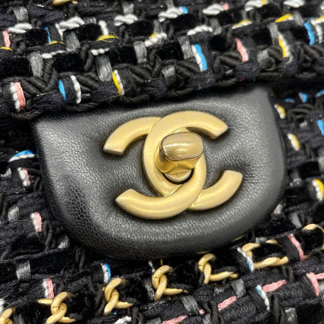 CHANEL シャネル ツイードチェーンショルダーバッグ 25 ブラック ヴィンテージゴールド 28番台