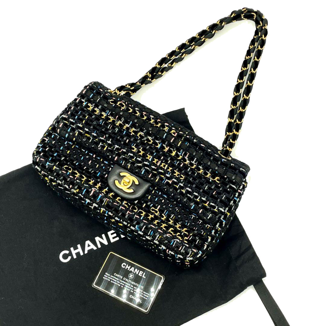 CHANEL シャネル ツイードチェーンショルダーバッグ 25 ブラック ヴィンテージゴールド 28番台