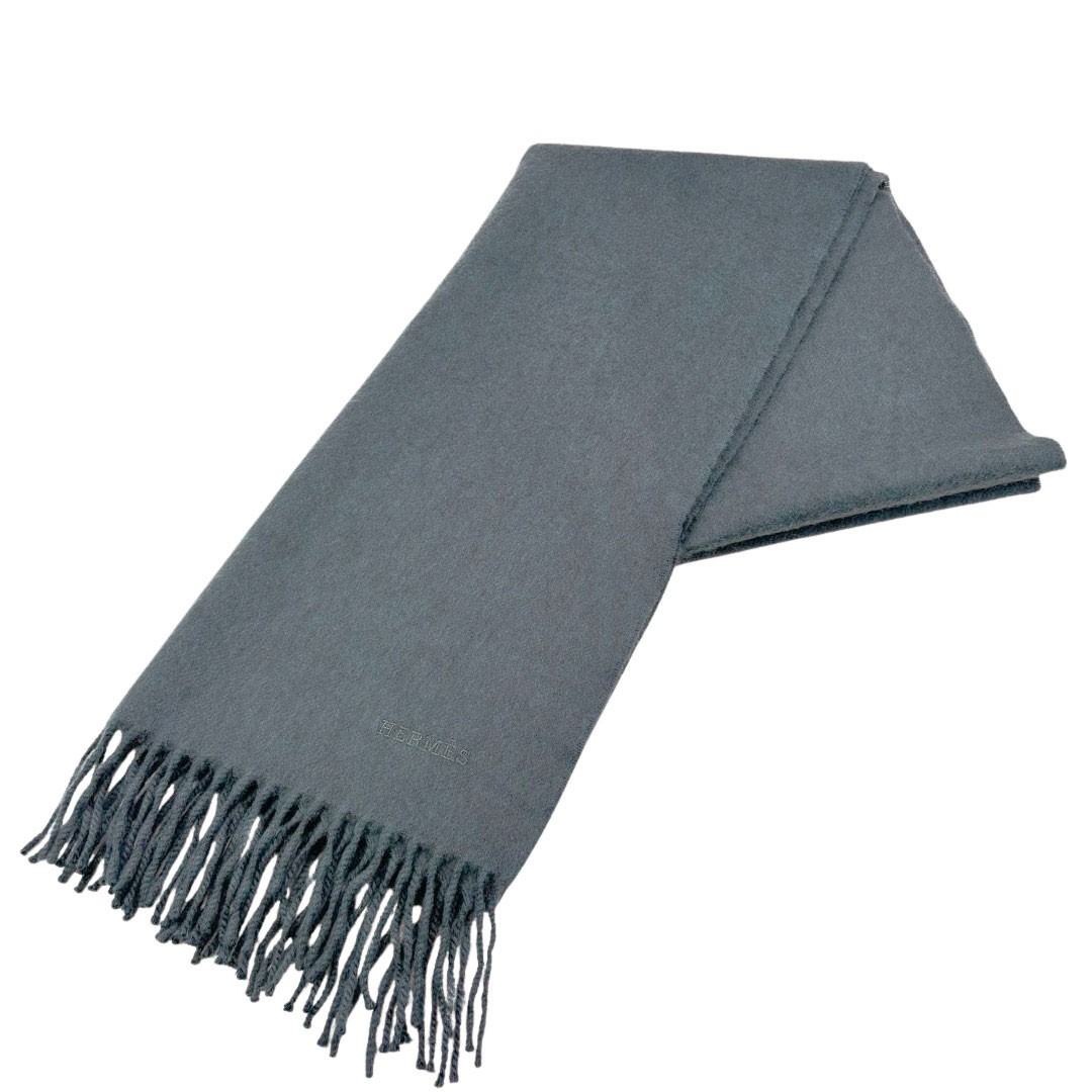 HERMES エルメス マフラー レクトヴェルソ ロゴ刺繍 カシミヤ100% ブルーグレー系 イギリス製