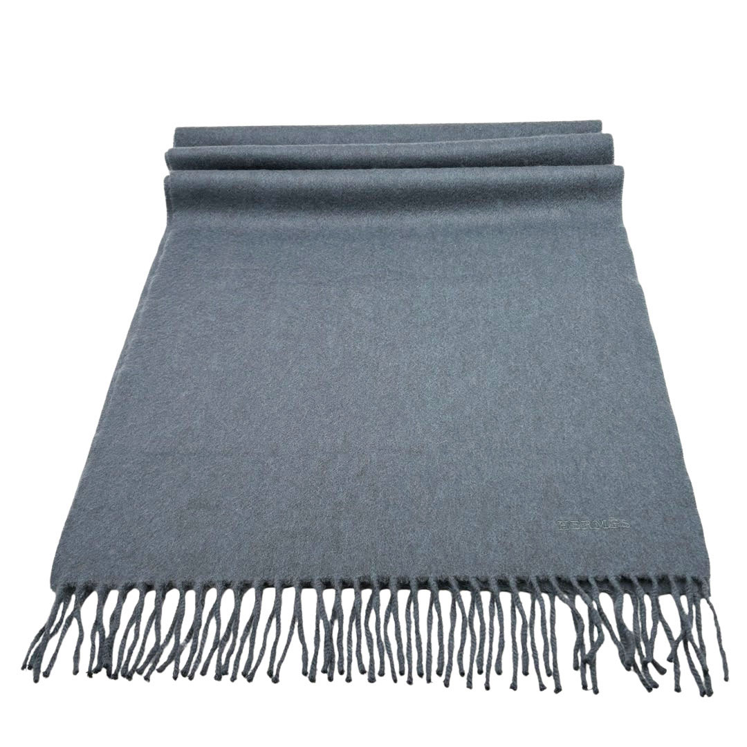 HERMES エルメス マフラー レクトヴェルソ ロゴ刺繍 カシミヤ100% ブルーグレー系 イギリス製