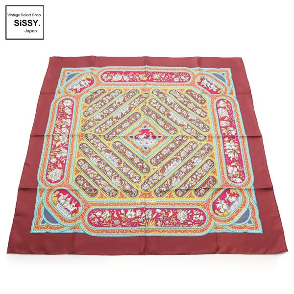 ■エルメス■ カレ90 スカーフ「QALAMDAN」シルク ボルドー イエロー マルチカラー 【HERMES】