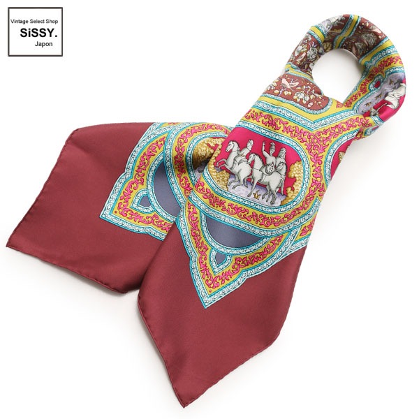 ■エルメス■ カレ90 スカーフ「QALAMDAN」シルク ボルドー イエロー マルチカラー 【HERMES】