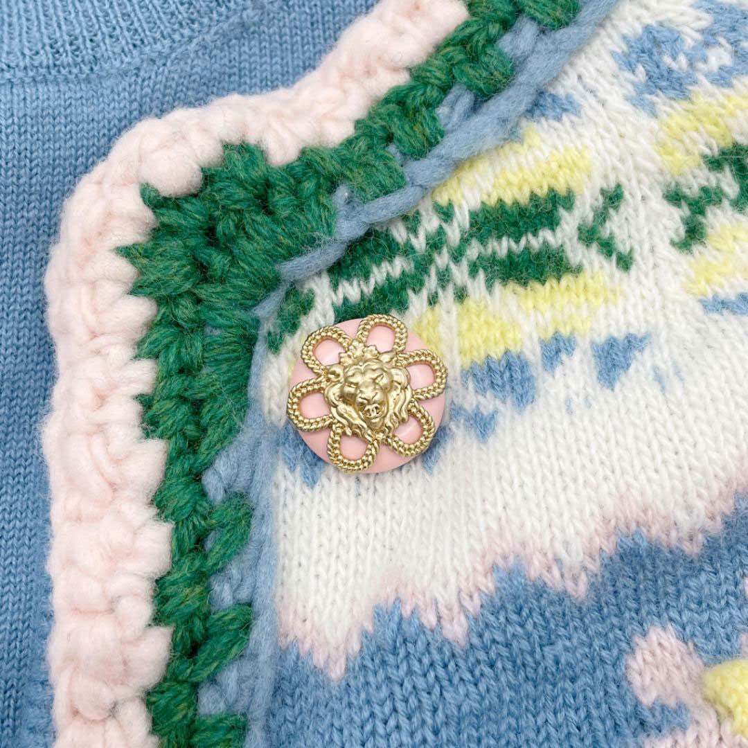 CHANEL シャネル 長袖 ニットワンピース ボタニカル柄 38 ウール ライトブルー系 15A