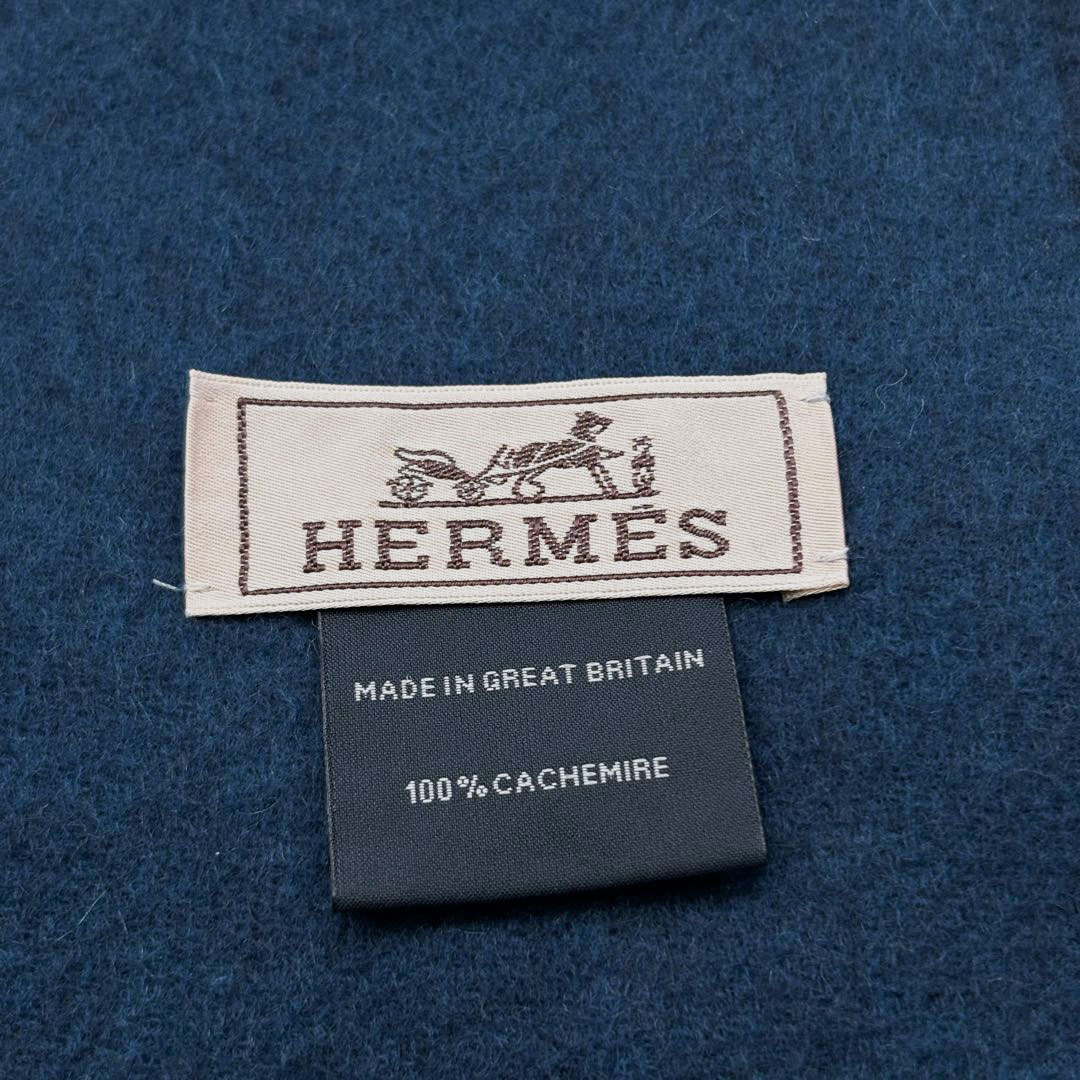 HERMES エルメス マフラー レクトヴェルソ ロゴ刺繍 カシミヤ100% ネイビー/ブルー系 イギリス製