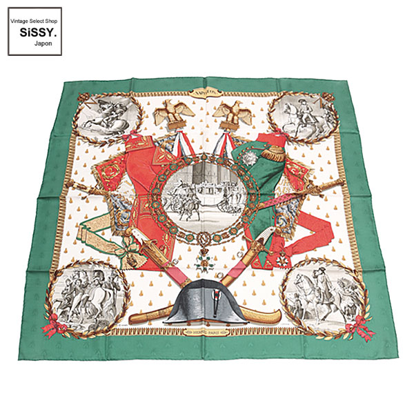 ■エルメス■ スカーフ カレ90 「NAPOLEON」 シルク ホワイト グリーン マルチカラー 【HERMES】