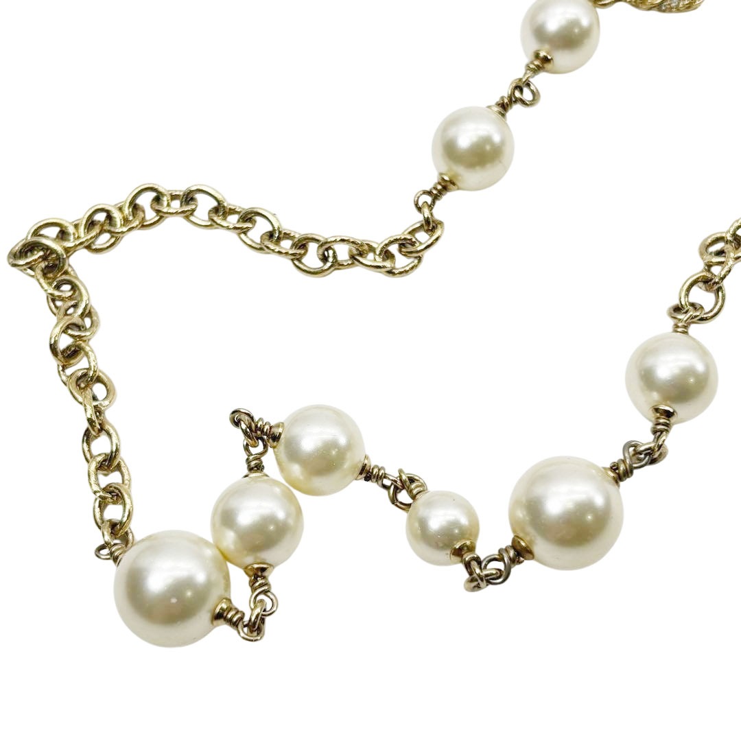 CHANEL シャネル ロングネックレス 110cm ココマーク フェイクパール/ラインストーン シャンパンゴールド 13P