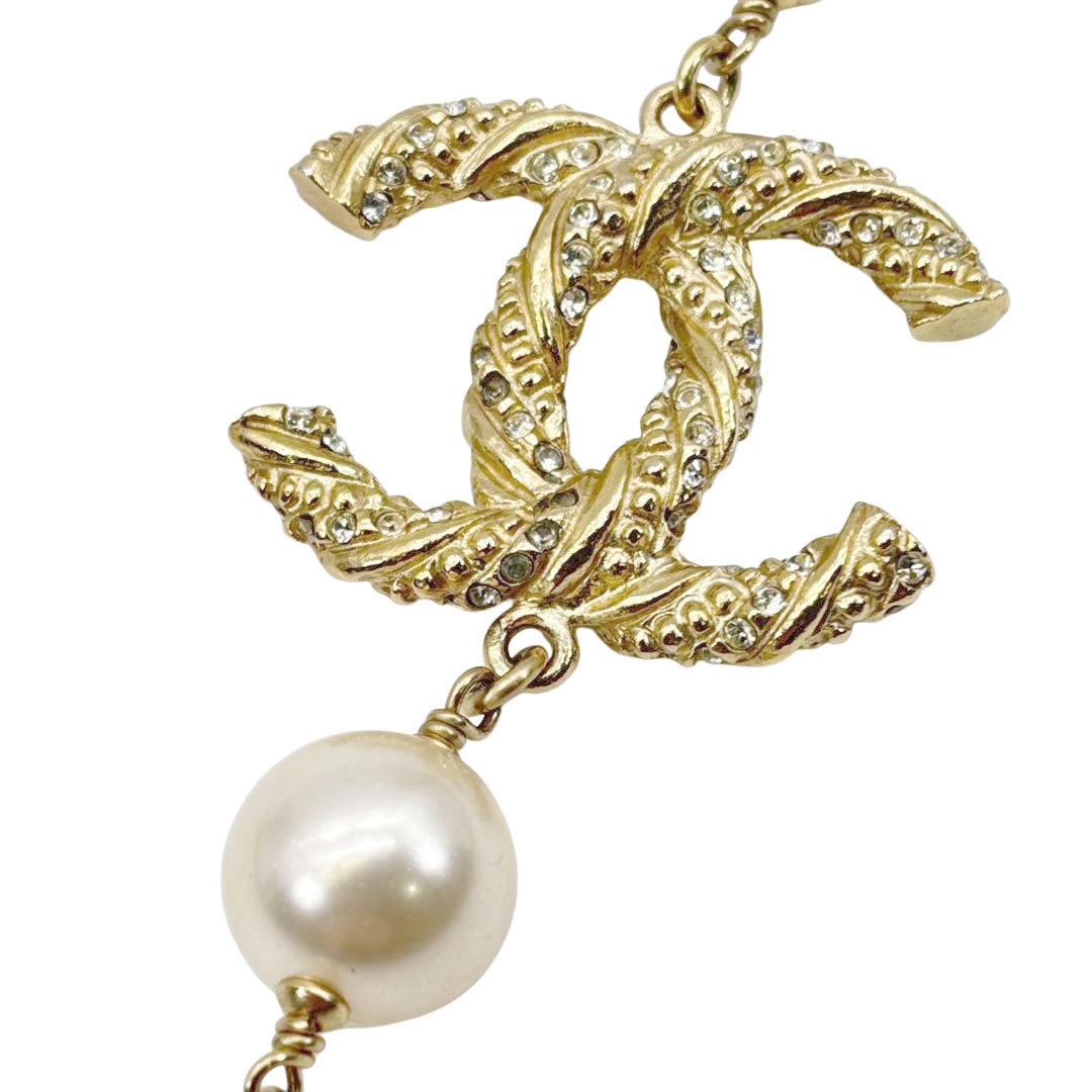 CHANEL シャネル ロングネックレス 110cm ココマーク フェイクパール/ラインストーン シャンパンゴールド 13P