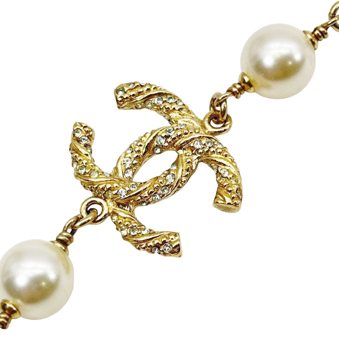 CHANEL シャネル ロングネックレス 110cm ココマーク フェイクパール/ラインストーン シャンパンゴールド 13P