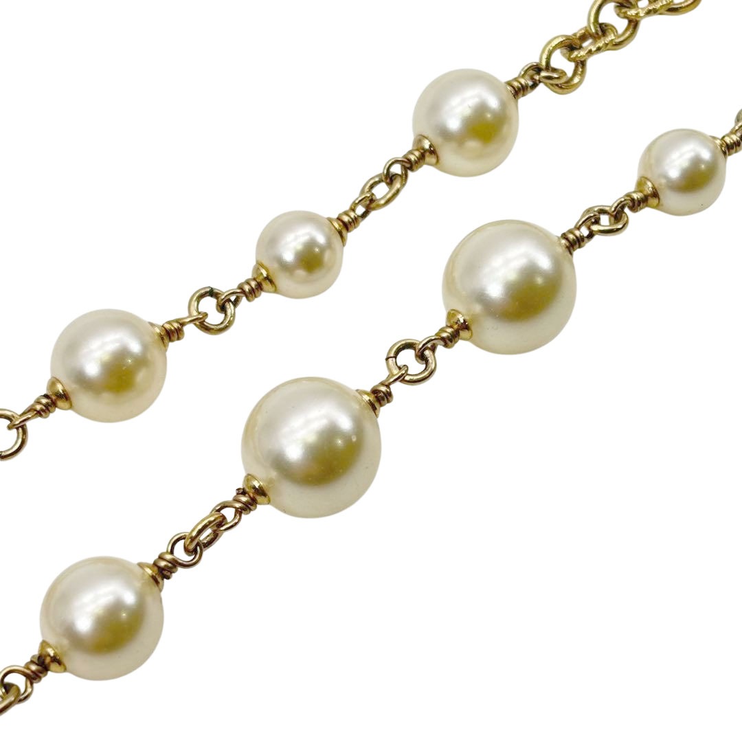 CHANEL シャネル ロングネックレス 110cm ココマーク フェイクパール/ラインストーン シャンパンゴールド 13P