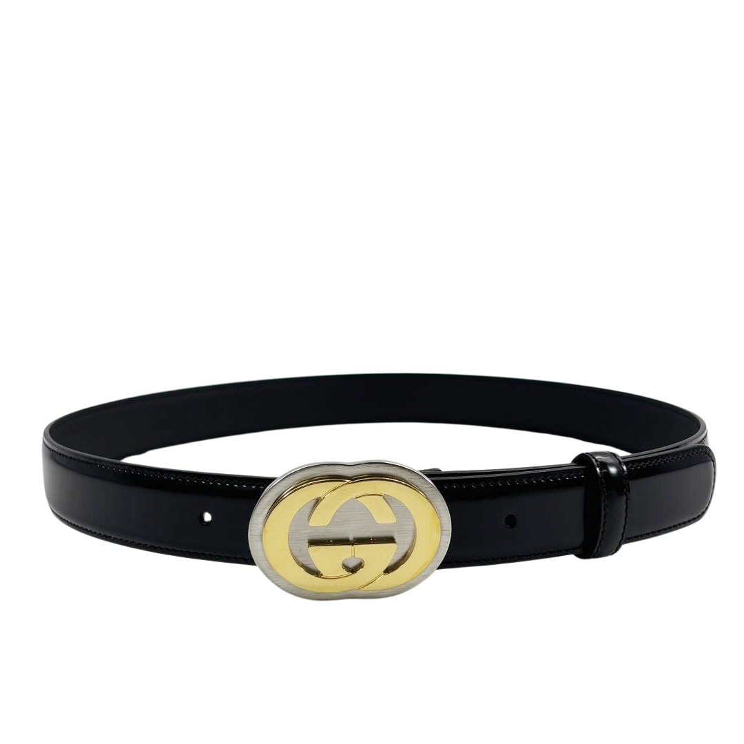 GUCCI インターロッキングG レザーベルト ブラック ゴールド金具