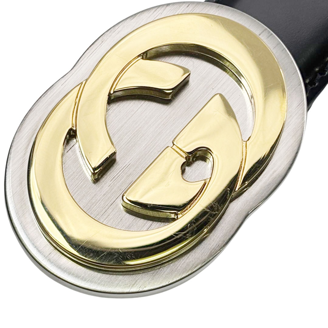 GUCCI グッチ インターロッキングG レザーベルト 85 ブラック ゴールド/シルバー金具 598092 DT90X