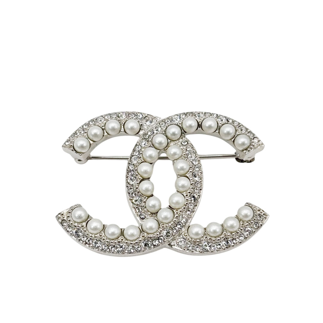 CHANEL シャネル ブローチ ココマーク フェイクパール/ラインストーン C19K シルバー