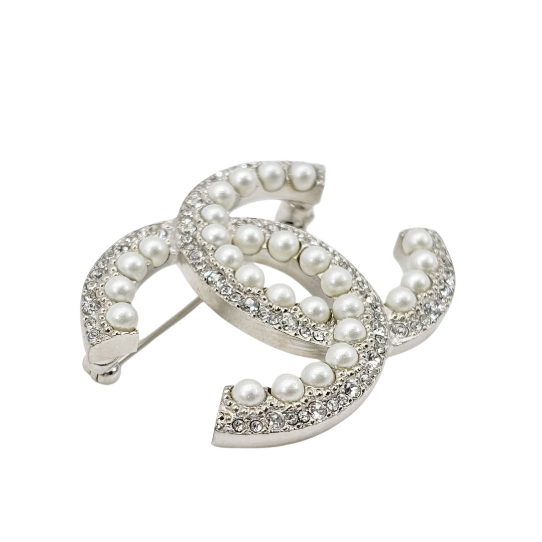 CHANEL シャネル ブローチ ココマーク フェイクパール/ラインストーン C19K シルバー